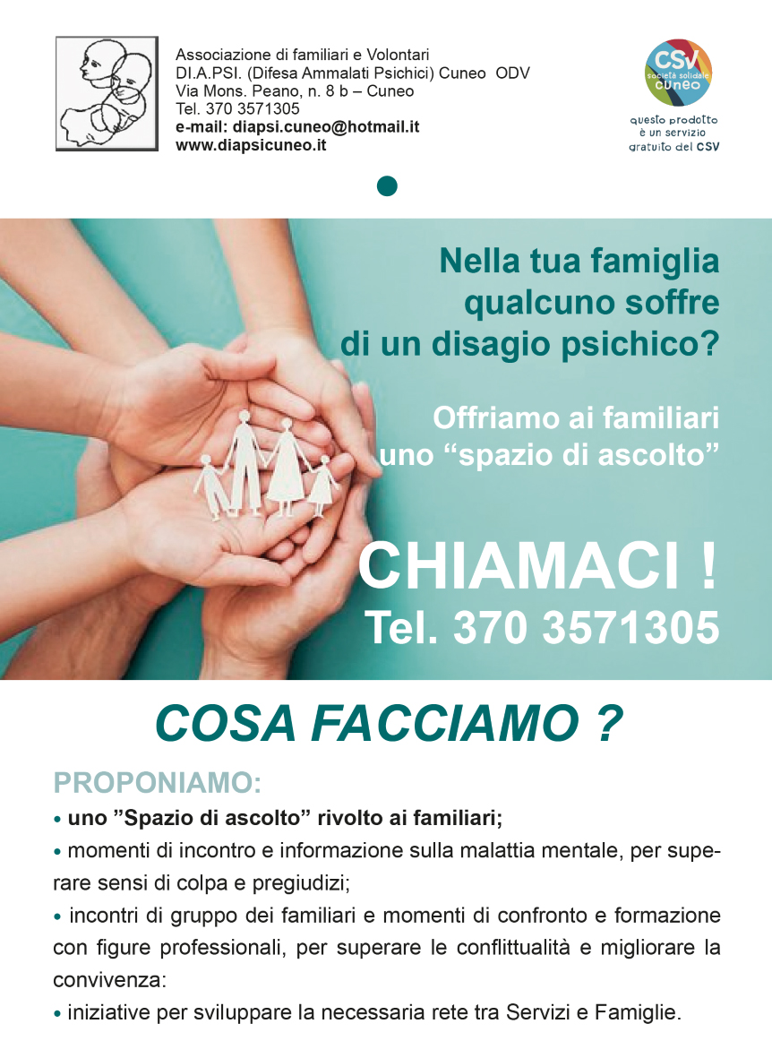 Immagine con grafica: nella tua famiglia qualcuno soffre di un disagio psichico? Chiamaci: 370 3571305